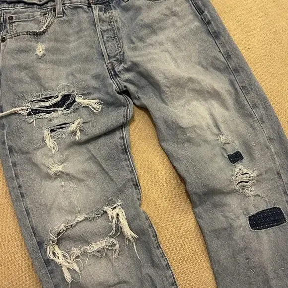 Levis 501 150th Anniversary Selvedge Distressed Patchwork Lightwash Jeans 34x34
